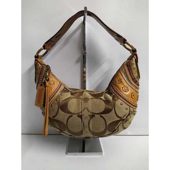 Coach Set of 3 Bags - Soho Brown Signature Canvas Stitched Grommet Studded Hobo - Picture 4 of 12